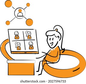 Woman working with laptop at home office concept. Teleconference and online business chat with Colleagues worldwide, business grow up.isolated vector illustration doodle art.
Freelancer at Quarantine