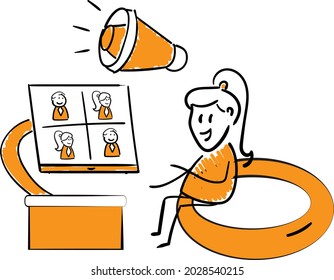 
Woman working with laptop at home office concept. Teleconference or online business call and Talking with Colleagues Online.isolated vector illustration doodle art. Megaphone or speaker icon
