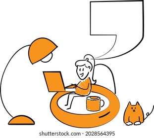 Woman working with laptop at home office concept. Teleconference and online business call and Talking with Colleagues Online.isolated vector illustration doodle art. Speech bubble sign.
