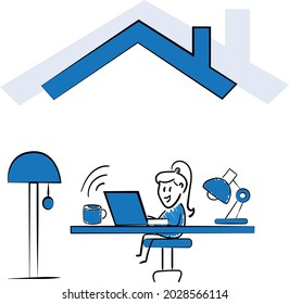 Woman working with laptop at home office concept. Teleconference and online business call Looking at Computer Screen and Talking with Colleagues Online.isolated vector illustration doodle art.
