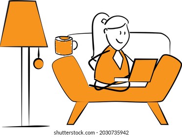 Woman working with laptop at home office concept. Teleconference or online business call and Talking with Colleagues.isolated vector illustration doodle art. Coffee cup