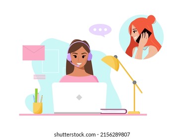 Woman working with laptop, home office, freelancer. Customer service. Support. A young woman called the call center.  Vector cute Illustration in cartoon style.