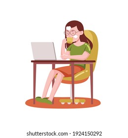 Woman working with laptop at home. Vector illustration in flat design.