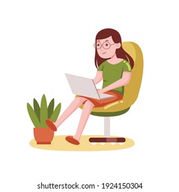 Woman working with laptop at home. Vector illustration in flat design.