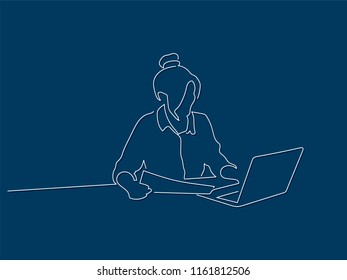 Woman working with a laptop line drawing over a color background, vector illustration design. People collection.
