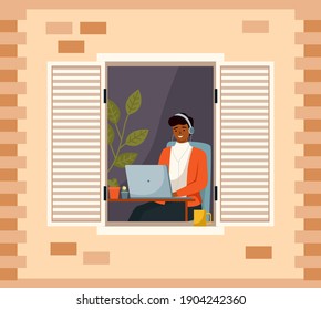 Woman is working with laptop near an open window in her house. Young girl sits at the table and looks out the window. Female character resting at home. Person stays at home, daily life routine