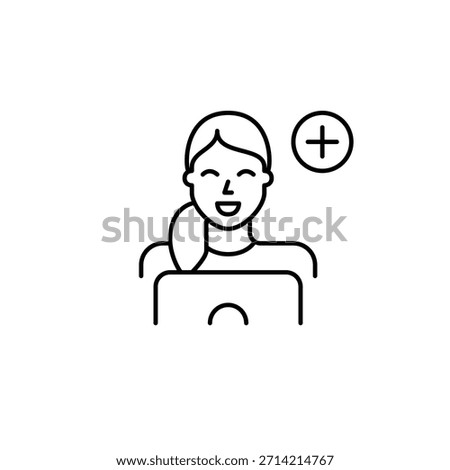 Woman working at laptop. New task, job update or account access. Hiring remote workers. Pixel perfect, editable stroke vector icon
