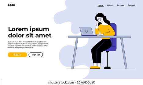 Woman working with laptop. Office worker using computer, employee sitting at desk flat vector illustration. Communication, workplace concept for banner, website design or landing web page