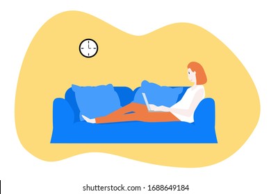 Woman working with laptop on couch at home. vector illustration.