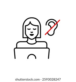 Woman working at laptop online and ear crossed. Silent quiet mode, noise free focus mode. Hearing-impaired people accessibility. Pixel perfect, editable stroke vector icon