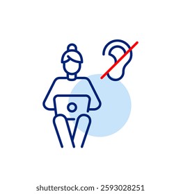 Woman working at laptop online and ear crossed. Silent quiet mode, noise free focus mode. Hearing-impaired people accessibility. Pixel perfect, editable stroke vector icon
