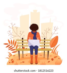 Woman working with laptop in the park. Concept of couchsurfing character or freelancer. Cute illustration in flat style.