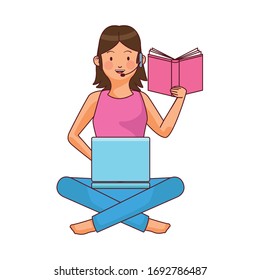 woman working with laptop and reading book vector illustration design