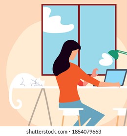 woman working with laptop in the room vector illustration