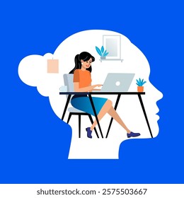 Woman working at a laptop in silhouette of a woman's head. Thoughts of working in the head. Illustration in flat style.