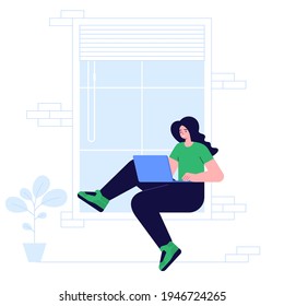 Woman working at laptop sitting on windowsill. Businesswoman in her cabinet. Employee or freelancer in office. Student learning by window. Room interior with furniture. Vector character illustration