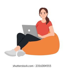 Woman working with laptop sitting on bean bag. Flat vector illustration isolated on white background