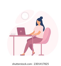 Woman is working at laptop sitting in the table. Modern office interior with plant. Vector illustration.