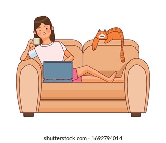 woman working with laptop in the sofa and cat vector illustration design