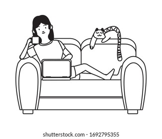 woman working with laptop in the sofa and cat vector illustration design