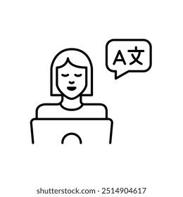 Woman working at laptop and speech bubble with latin alphabet letter and Chinese character. Online translation, language interpreting support. Pixel perfect, editable stroke icon