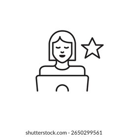 Woman working at laptop and star. Premium user access, featured employee. Award-winning work. Pixel perfect, editable stroke vector icon