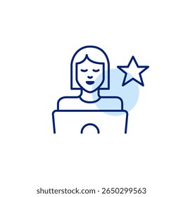 Woman working at laptop and star. Premium user access, featured employee. Award-winning work. Pixel perfect, editable stroke vector icon