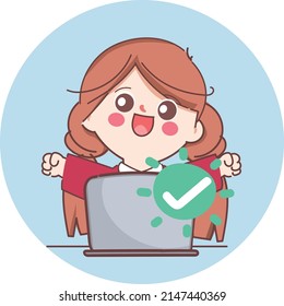Woman working with laptop and successful. Cute cartoon character doodle style.