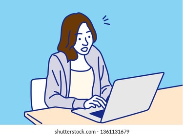 Woman working with laptop  Surprise,  Vector illustration