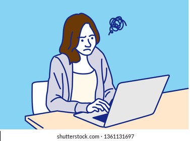 Woman working with laptop  Troubled,   Vector illustration