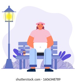 Woman working at laptop vector illustration