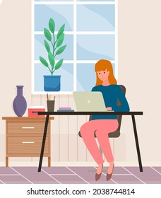 Woman working with laptop at workplace. Remote work, programming, online freelancing. Female character sits with digital technology, performs tasks. Company employee with computer at work in office