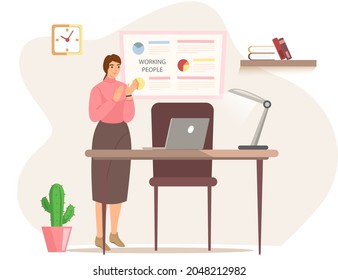 Woman working with laptop at workplace. Remote work, programming, online freelancing. Female character and digital technology, performs tasks. Company employee with computer at work in office
