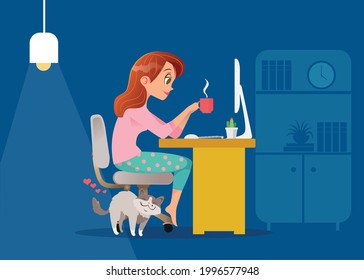 Woman working late at home