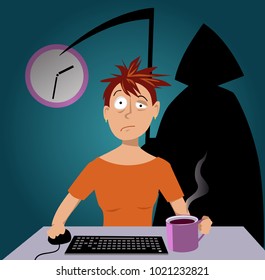 Woman working late at night, grim reaper standing over her shoulder, EPS 8 vector illustration