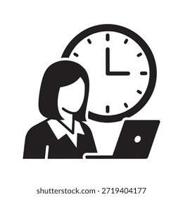 Mujer trabajando tarde sólido Vector negro icono aislado fondo blanco horas extras cronograma reloj símbolo Diseño gráfico ilustración