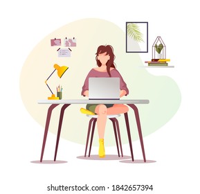 Woman working or learning at home at the table. Freelance, work at home, online job, home office, e-learning concept. Isolated vector illustration for poster, banner, advertising.