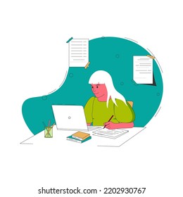 Woman working or learning at home at the table. Freelance, work at home, online job, home office, e-learning concept. Vector illustration for poster, banner, website.