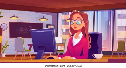 Woman working at loft office or coworking place sitting at desk with computer and cup of coffee. Girl develop art project at workplace with of wide floor-to-ceiling window. Cartoon vector illustration