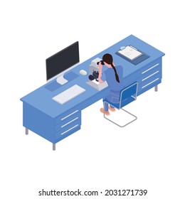 Woman working with microscope in science laboratory isometric vector illustration