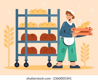 Woman working near rack with bread. Modern loafs manufacture with equipment. Bread baking process at factory concept. Vector Illustration in cartoon style in yellow colors