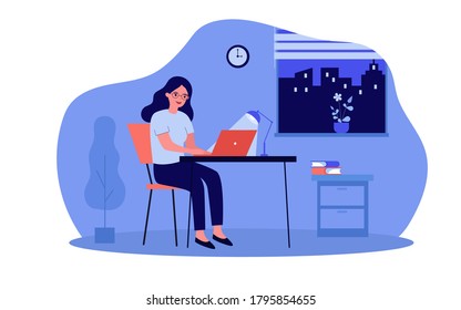 Woman working at night. Female freelance designer at workplace with laptop at home. Vector illustration for freelancer, overwork, deadline, student concept