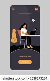 Woman working at night. Female freelance designer at workplace with laptop at home. Vector illustration for freelancer, overwork, deadline, student concept