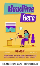 Woman working at night. Female freelance designer at workplace with laptop at home. Vector illustration for freelancer, overwork, deadline, student concept