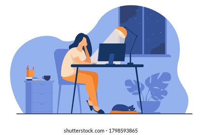 Woman Working At Night In Home Office Isolated Flat Vector Illustration. Cartoon Female Student Learning Via Computer Or Designer Late At Work. Workplace And Sleepless Concept