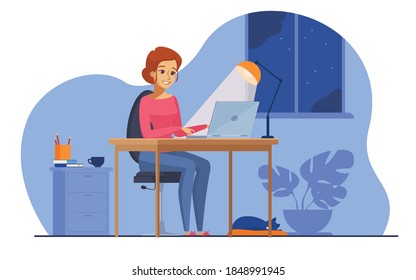 Woman working at night in home office isolated flat vector illustration. Cartoon female student learning via computer or designer late at work. Workplace and sleepless concept