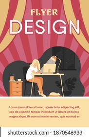 Woman working at night in home office isolated flat vector illustration. Cartoon female student learning via computer or designer late at work. Workplace and sleepless concept