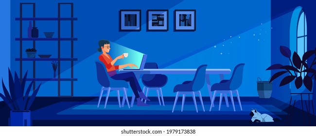 Mujer trabajando de noche en casa. Ilustración vectorial de dibujos animados de alumnas aprendiendo por computadora o diseñador en el trabajo tardío. Oficina independiente o bloguera, concepto de trabajo y de insomnio.