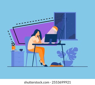 Woman working at night in home office isolated flat vector illustration. Cartoon female student learning via computer or designer late at work. Workplace and sleepless concept