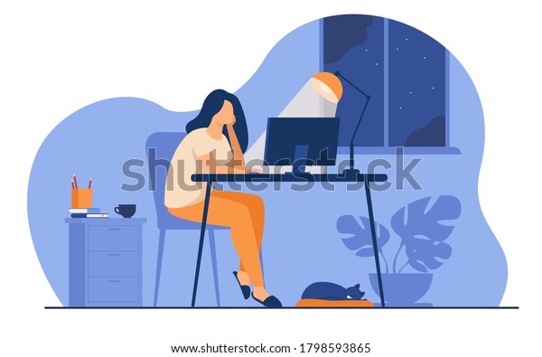 Woman working at\
night in home office isolated flat vector illustration. Cartoon\
female student learning via computer or designer late at work.\
Workplace and sleepless\
concept